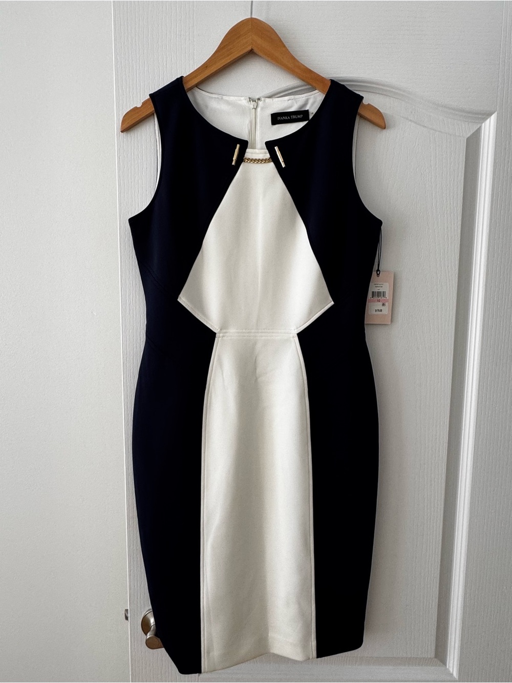 Ivanka Trump Navy Blue and White Colorblock Sheath Dress with Gold Accent